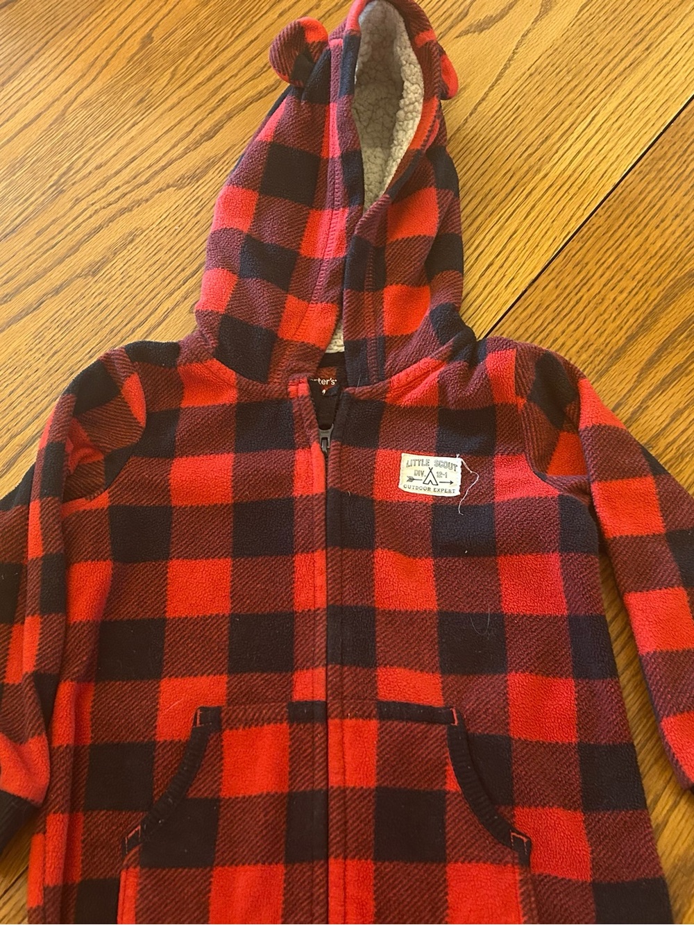 Carter's Red and Black Buffalo Plaid Hooded Fleece Zip Jumpsuit